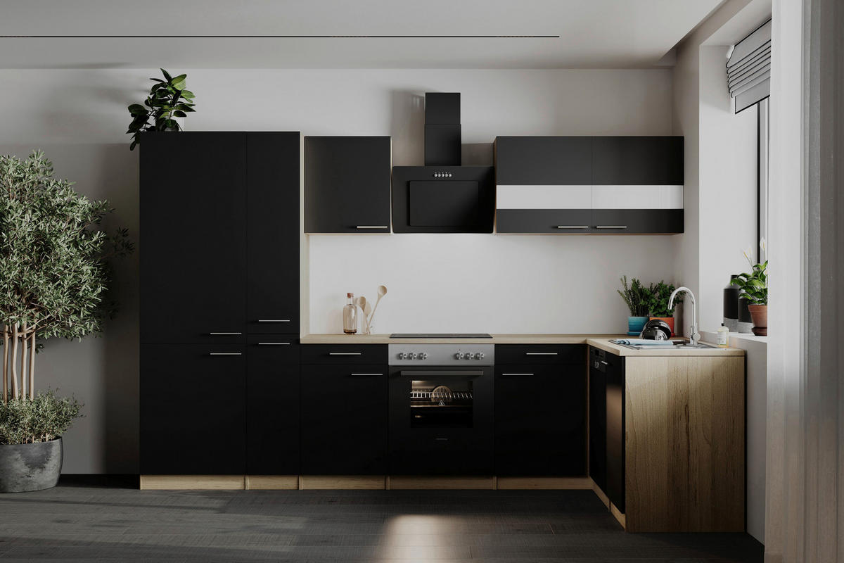 ECKKÜCHE  in Schwarz  - Edelstahlfarben/Eichefarben, Basics, Holzwerkstoff/Metall (310cm) - Respekta