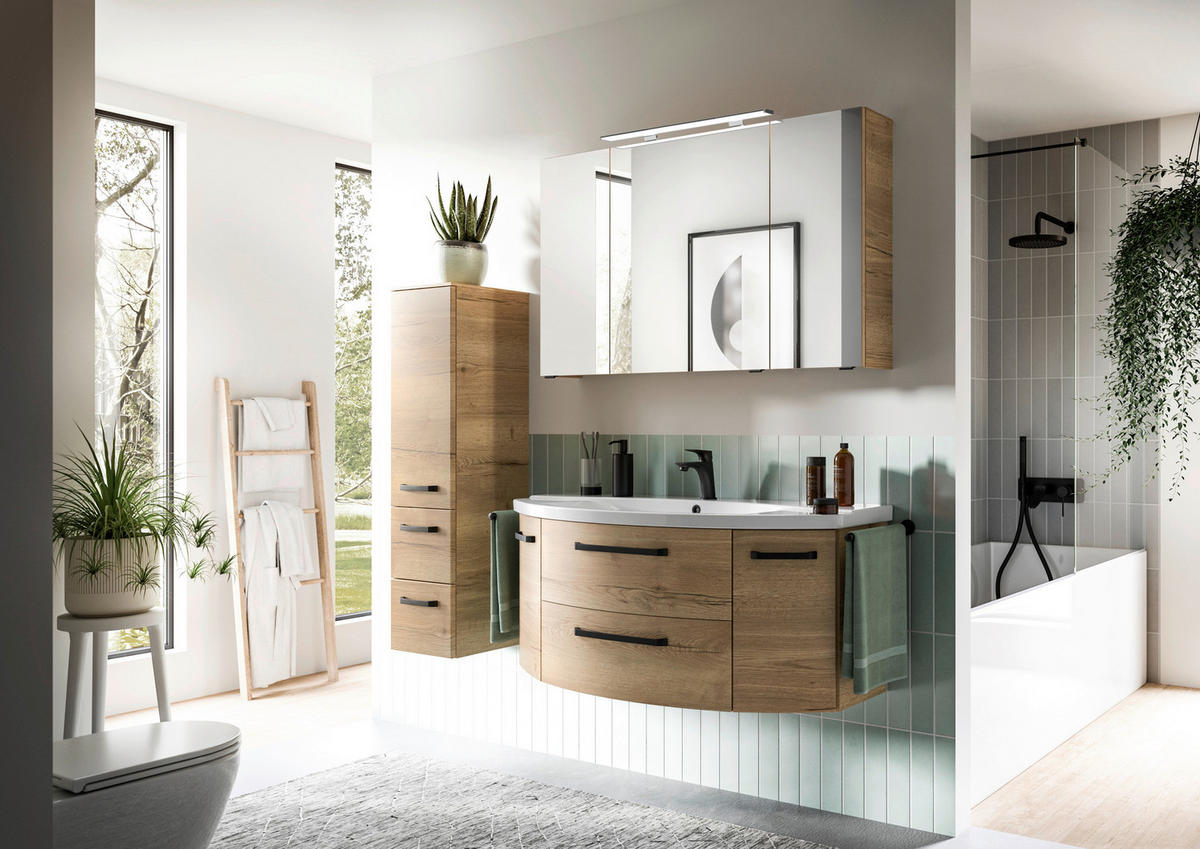 BADEZIMMER 3-teilig  in 120,5 cm  - Chromfarben/Eichefarben, MODERN, Glas/Keramik (120,5cm) - Sadena