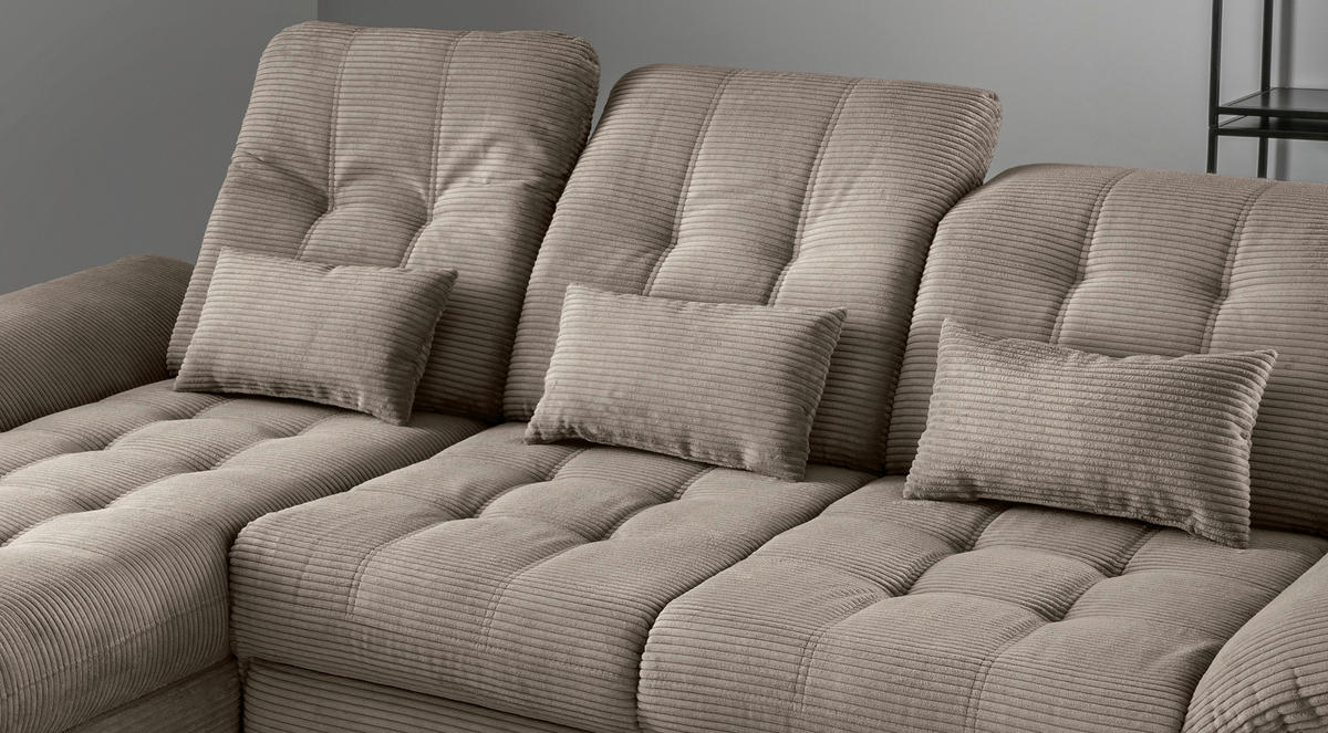 ECKSCHLAFSOFA  mit seitenverkehrt erhältlich, Rücken echt, Armteil links, Armteil rechts Cord Graubraun  - Graubraun/Schwarz, MODERN, Textil/Metall (189/273cm) - Livetastic