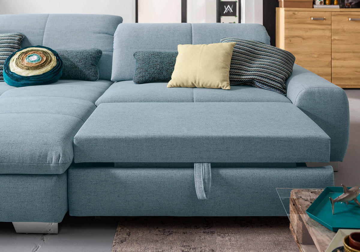 ECKSOFA Hellblau Flachgewebe  - Chromfarben/Hellblau, Design, Textil/Metall (198/276cm) - SetOne by Musterring