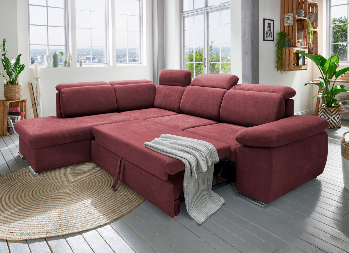 ECKSOFA Bordeaux Mikrofaser  - Chromfarben/Bordeaux, Design, Textil/Metall (228/283cm) - Livetastic