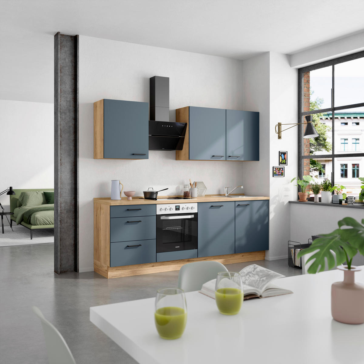 KÜCHENBLOCK Easytouch 240 cm  in Eichefarben, Dunkelblau  - Eichefarben/Schwarz, MODERN, Holzwerkstoff/Metall (240cm) - Nobilia