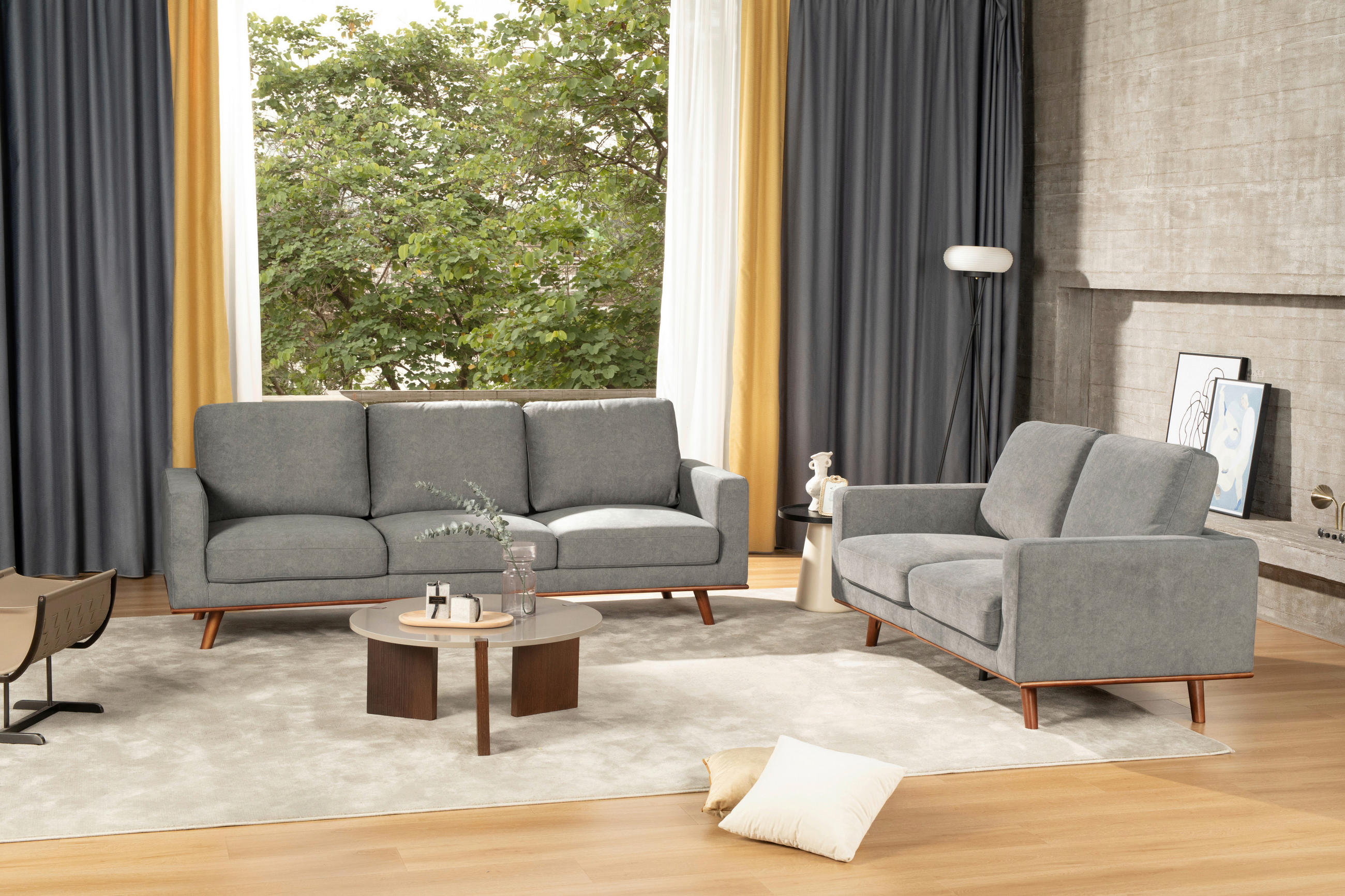 SITZGARNITUR Webstoff Grau  - Naturfarben/Grau, Design, Holz/Textil - MID.YOU