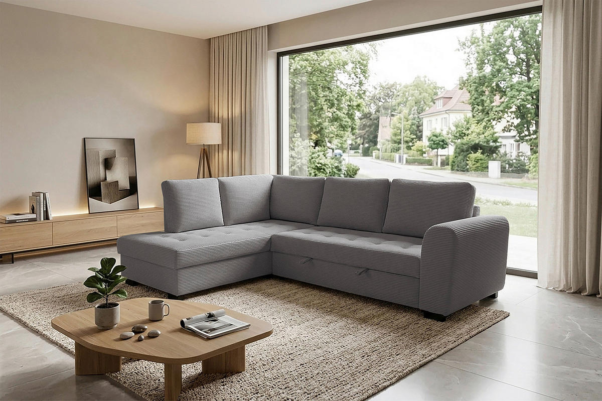 ECKSOFA JOHN Grau Cord Rückenkissen, Bettkasten, Liegefläche im Originalstoff  - Schwarz/Grau, Trend, Kunststoff/Textil (178/239cm) - P & B