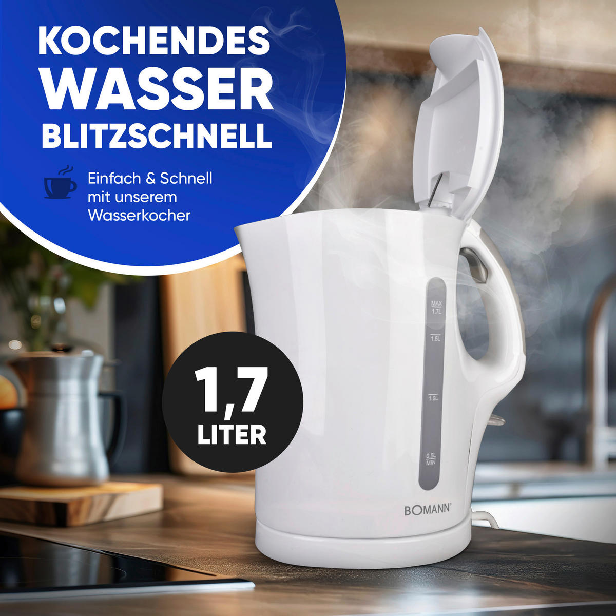 WASSERKOCHER 1,7 L  - Weiß, Basics, Kunststoff (13,4/25,0/21,7cm) - Bomann