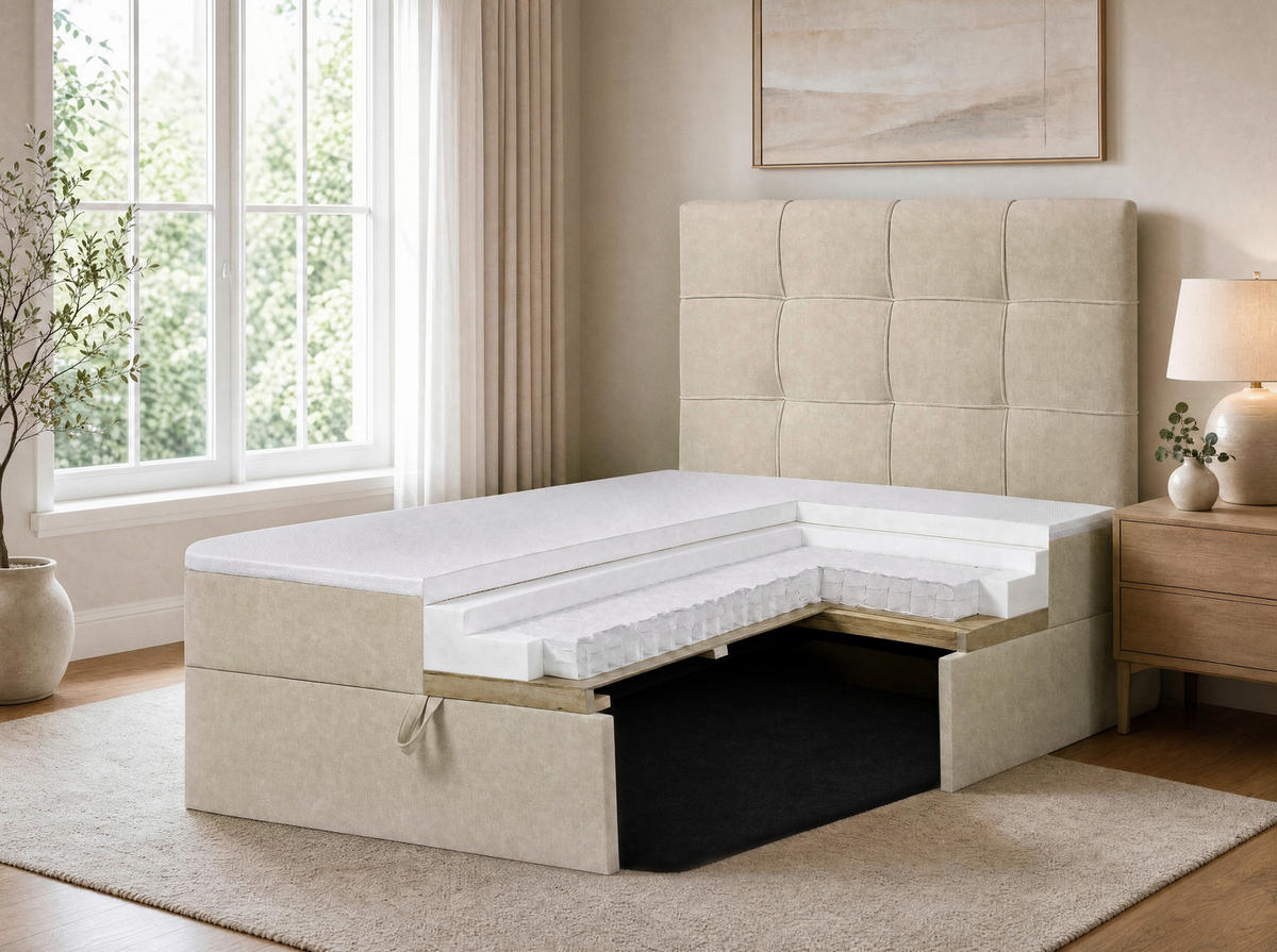 BOXBETT 100/200 cm,  in Beige, Matratze, gepolstertes Kopfteil, Bettkasten, Topper, H3 = fest  - Beige/Schwarz, Basics, Kunststoff/Textil (100/200cm) - Chameo