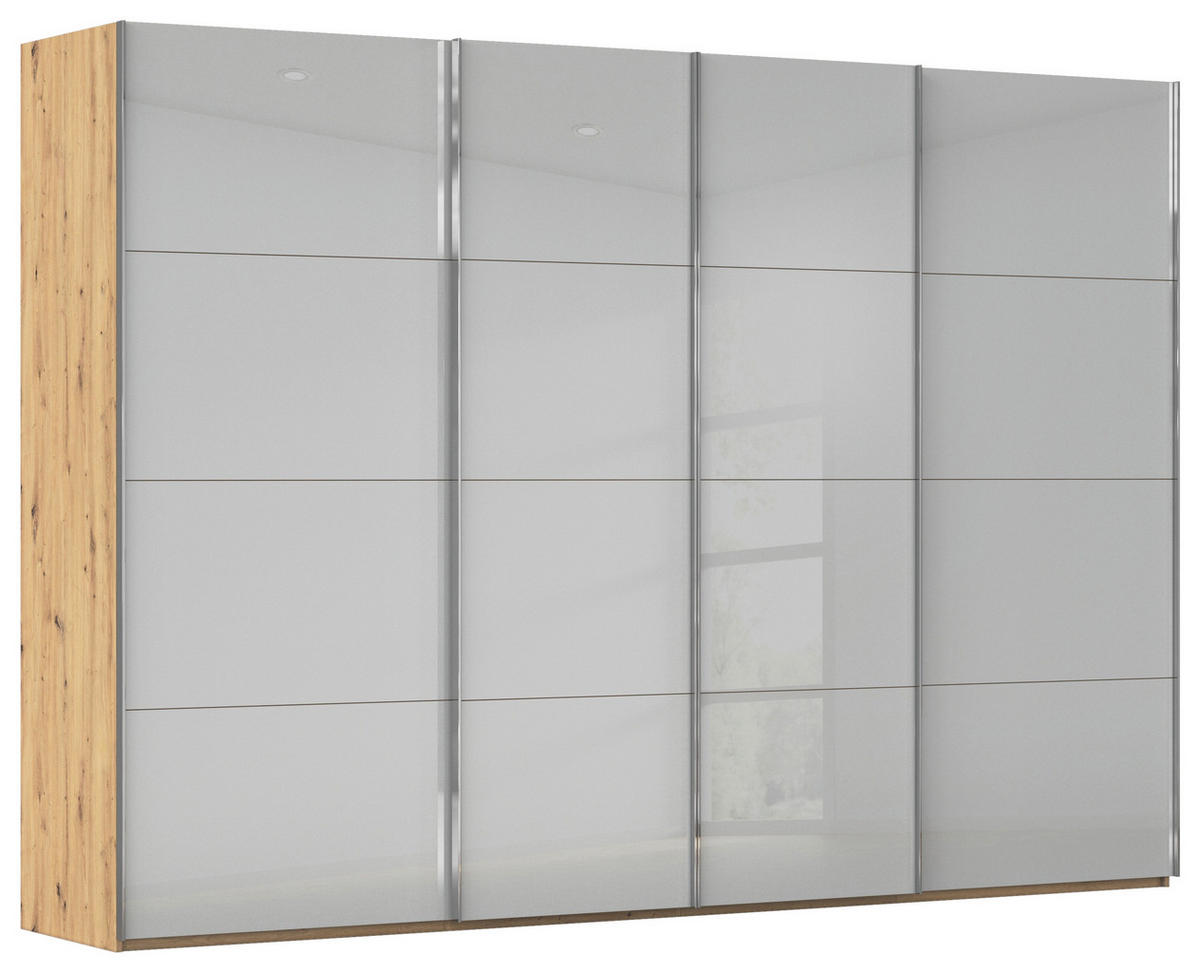 SCHWEBETÜRENSCHRANK 316/223/68 cm 4-türig Hellgrau, Eiche Artisan  - Chromfarben/Hellgrau, Design, Glas/Holzwerkstoff (316/223/68cm) - Novel