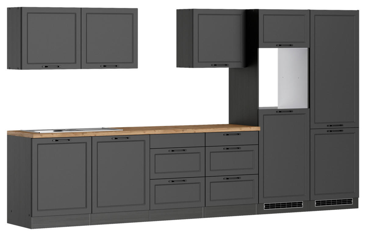 KÜCHENLEERBLOCK 360 cm   in Grau, Eiche Wotan  - Eiche Wotan/Schwarz, LIFESTYLE, Holzwerkstoff/Metall (360cm) - Held