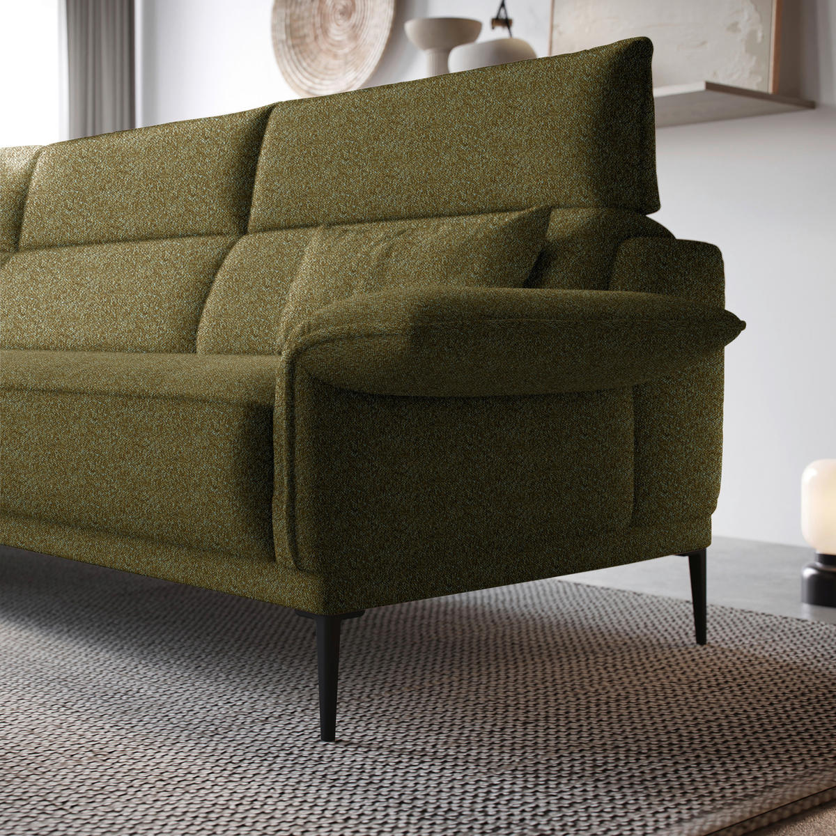 ECKSOFA in Bouclé Olivgrün  - Schwarz/Olivgrün, Modern, Textil/Metall (186/330cm) - Johann Jakob