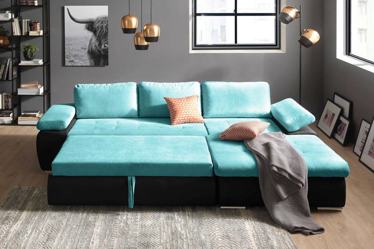 ECKSOFA in Flachgewebe Schwarz, Türkis  271/175 cm  - Türkis/Schwarz, Design, Kunststoff/Textil (271/175cm) - Xora