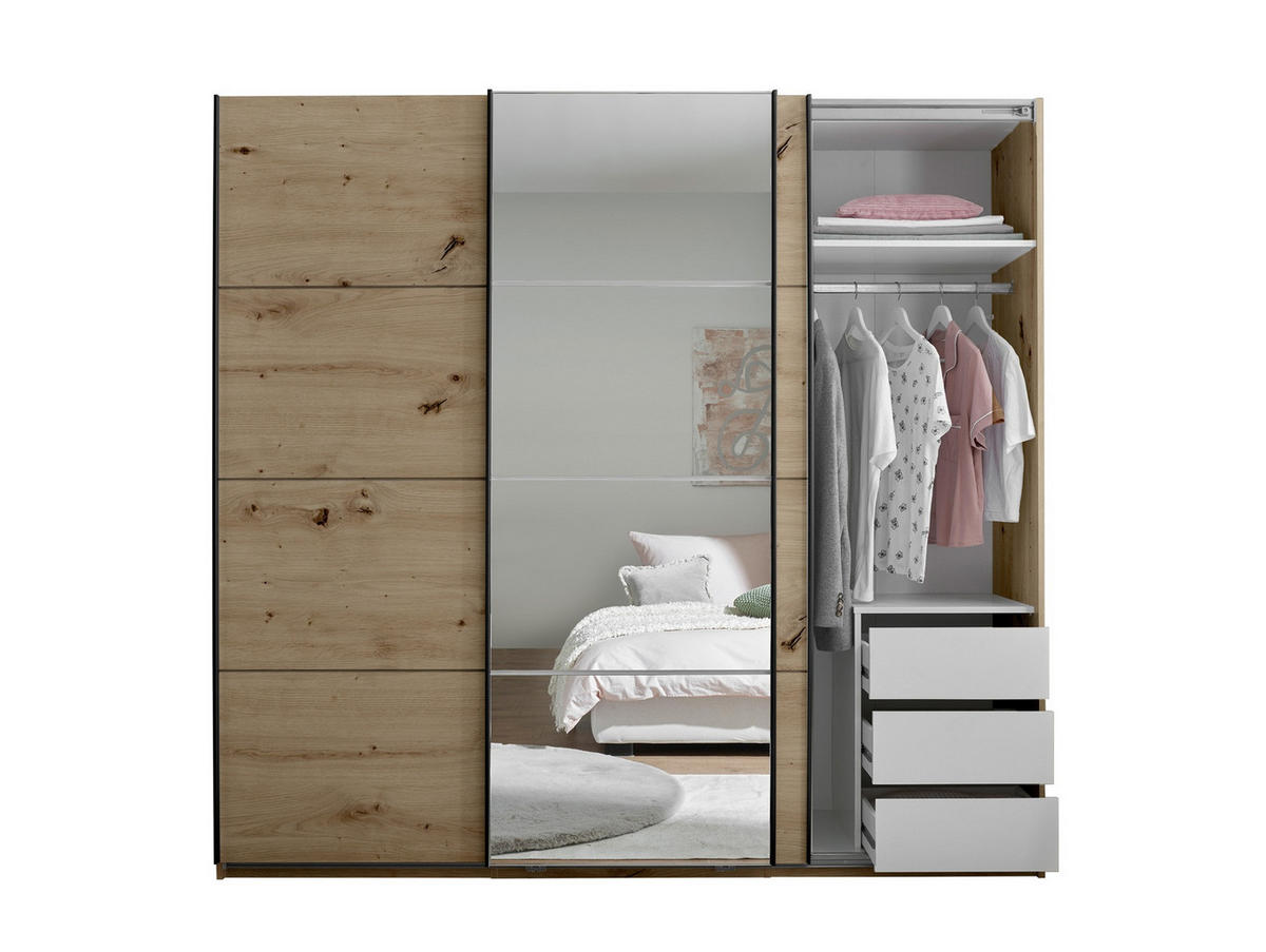 Dulap Cu Uși Culisante, 215/204/63 cm, stejar Artisan - alb/cașmir, Basics, sticlă/metal (215/204/63cm) - Carryhome