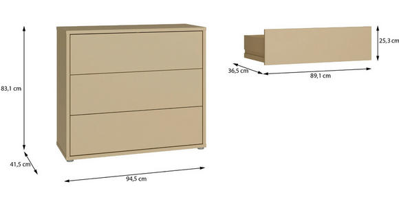 KOMMODE , 95/83/42 cm, 3 Schublade(n)  - Silberfarben/Hellgelb, Trend, Holzwerkstoff/Kunststoff (95/83/42cm) - Carryhome