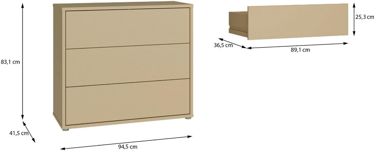 KOMMODE , 95/83/42 cm, 3 Schublade(n)  - Silberfarben/Hellgelb, Trend, Holzwerkstoff/Kunststoff (95/83/42cm) - Carryhome