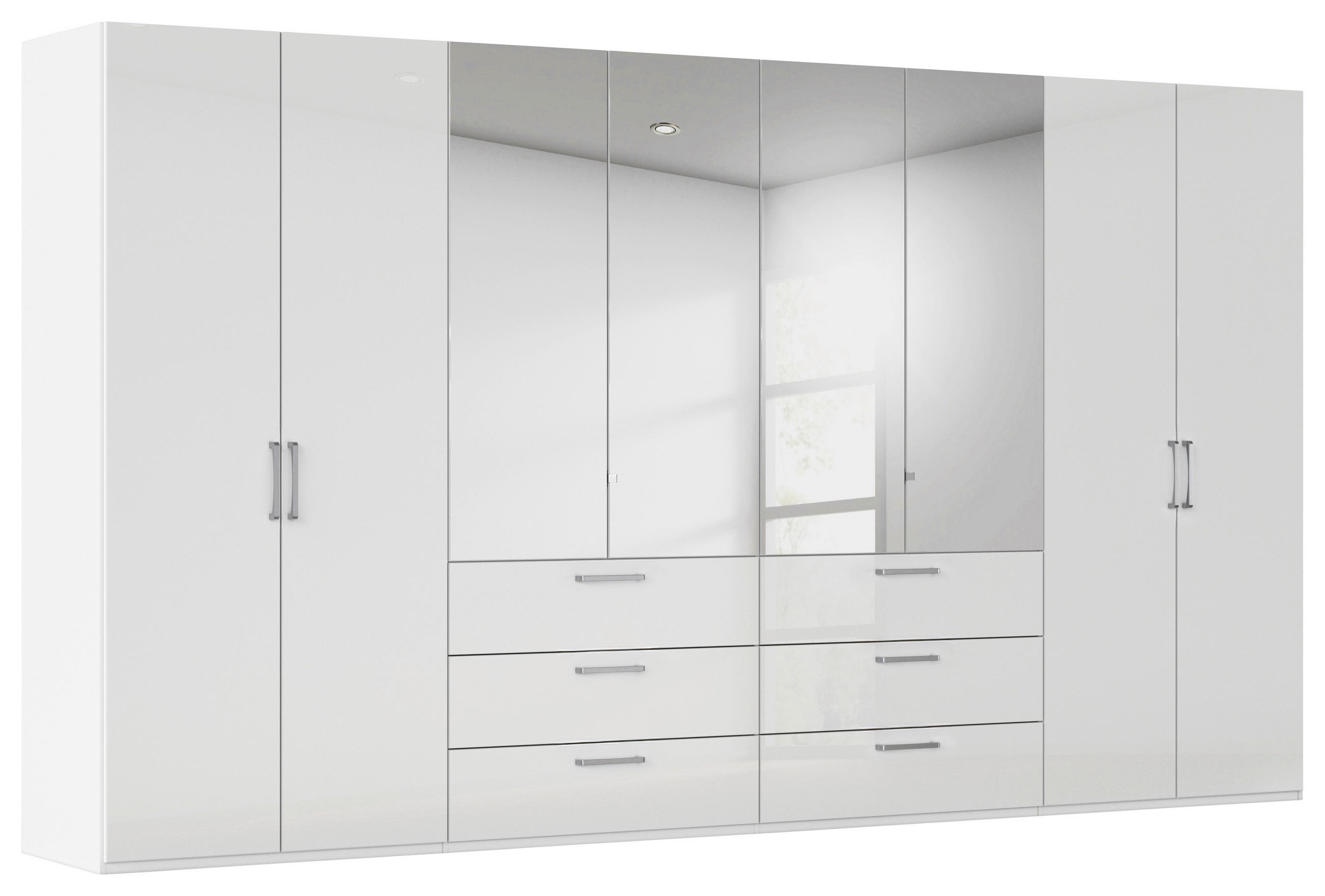 DREHTÜRENSCHRANK 400/235/61 cm,  in Weiß, Weiß Hochglanz, 8-türig  - Chromfarben/Edelstahlfarben, Basics, Glas/Holzwerkstoff (400/235/61cm) - Novel
