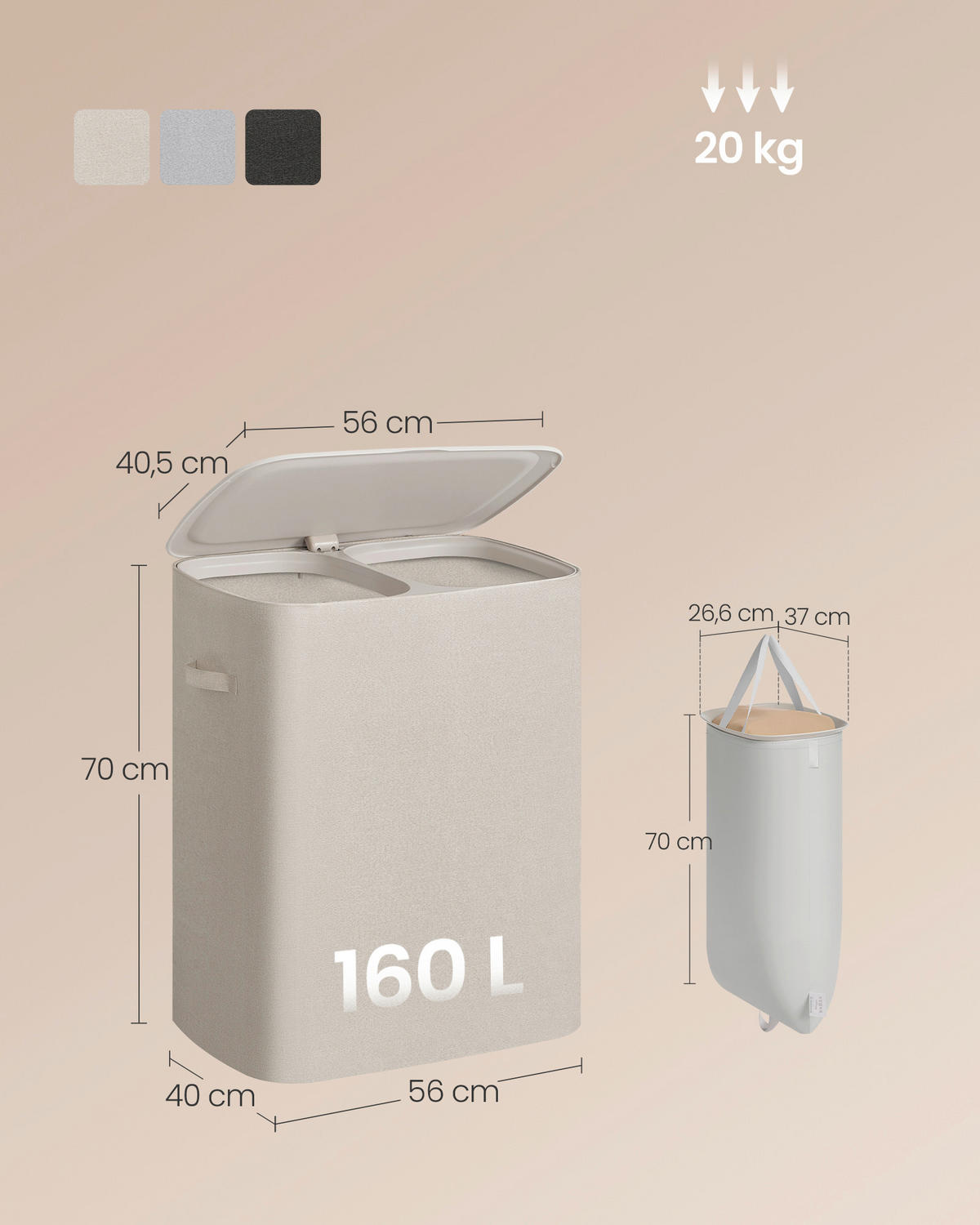 WÄSCHEKORB - Beige, Basics, Kunststoff/Textil (56/70/40,5cm)