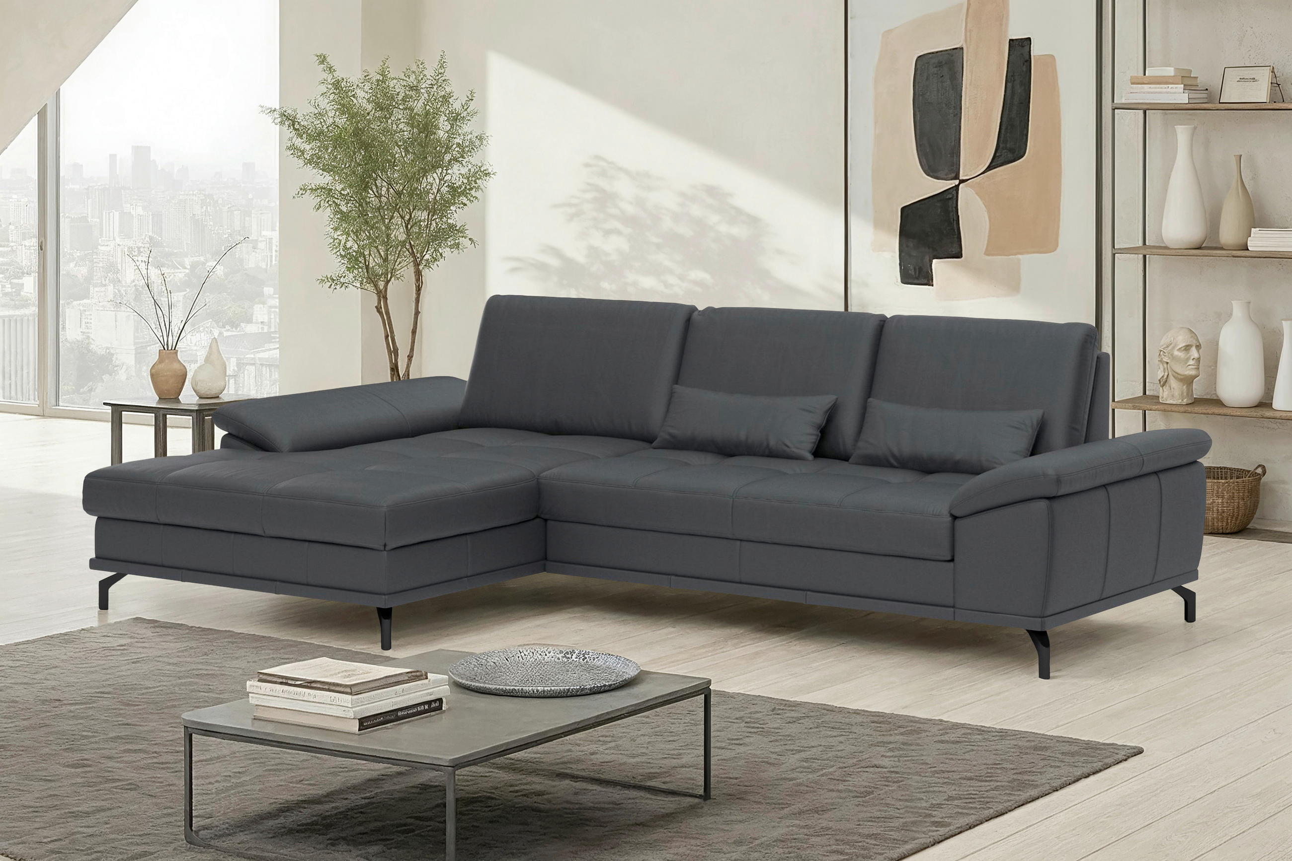 ROHOVÁ SEDAČKA, koža, čierna - čierna, Basics, kov/koža (176/301cm) - Sit & More