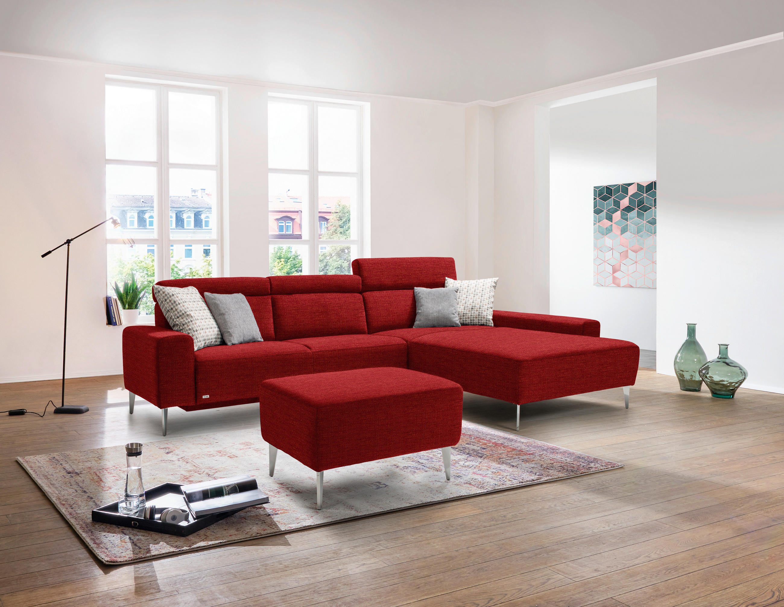 ECKSOFA in Webstoff Rot  308/205 cm  - Rot/Alufarben, Design, Textil (308/205cm) - Sedda
