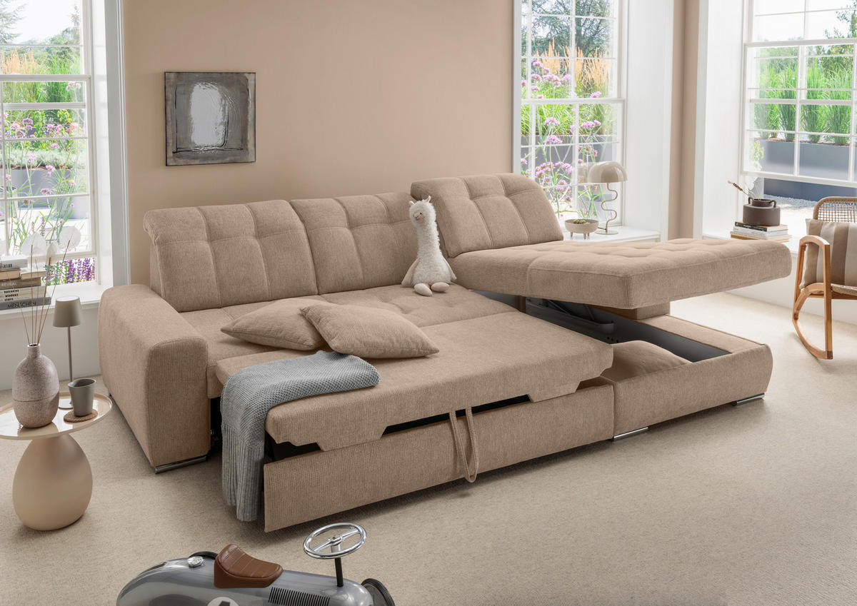 ECKSOFA Chenille Hellbraun  - Chromfarben/Hellbraun, Konventionell, Textil/Metall (283/186cm) - Livetastic