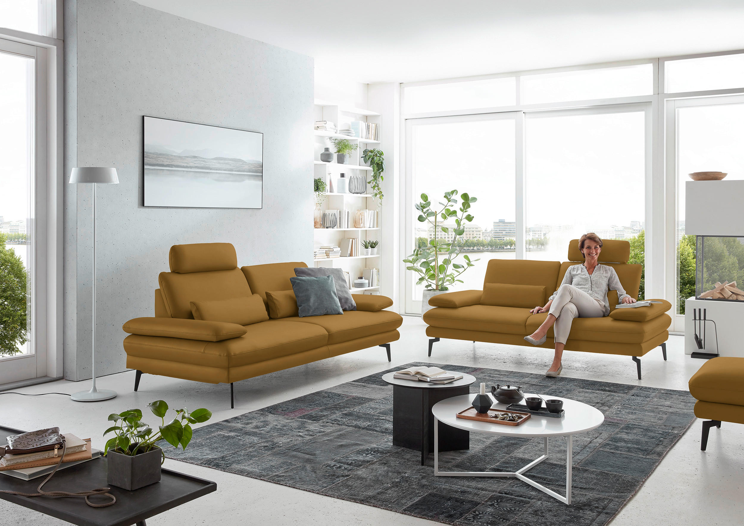 3-SITZER-SOFA in Echtleder Currygelb  - Currygelb/Schwarz, Design, Leder/Metall (222/86/104cm) - Dieter Knoll