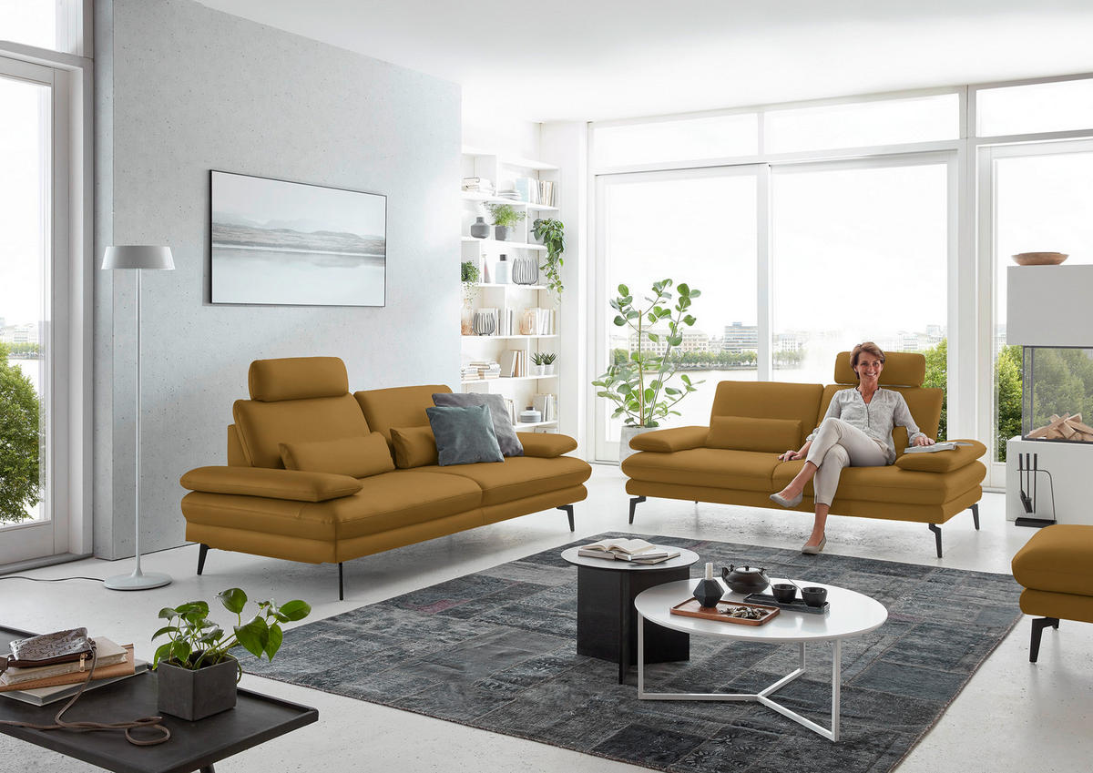 3-SITZER-SOFA in Leder Currygelb  - Currygelb/Schwarz, Design, Leder/Metall (222/86/104cm) - Dieter Knoll