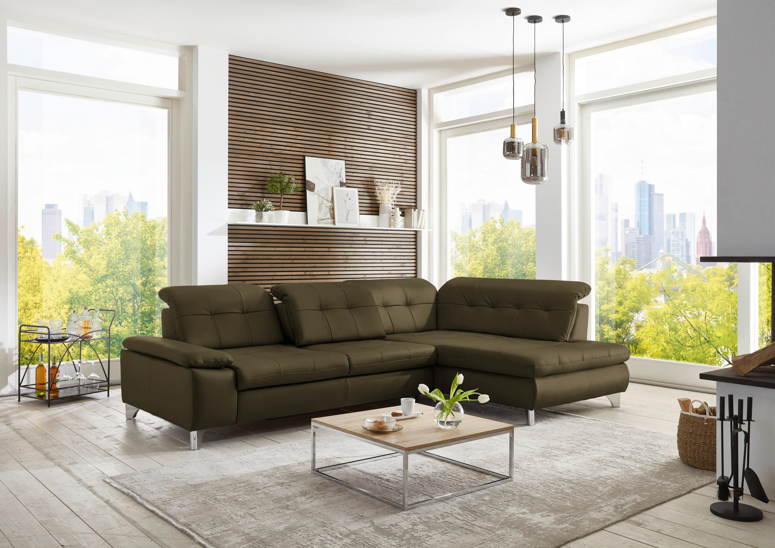 ECKSOFA in Echtleder Grün  - Alufarben/Grün, Design, Leder/Metall (309/211cm) - Beldomo Speed