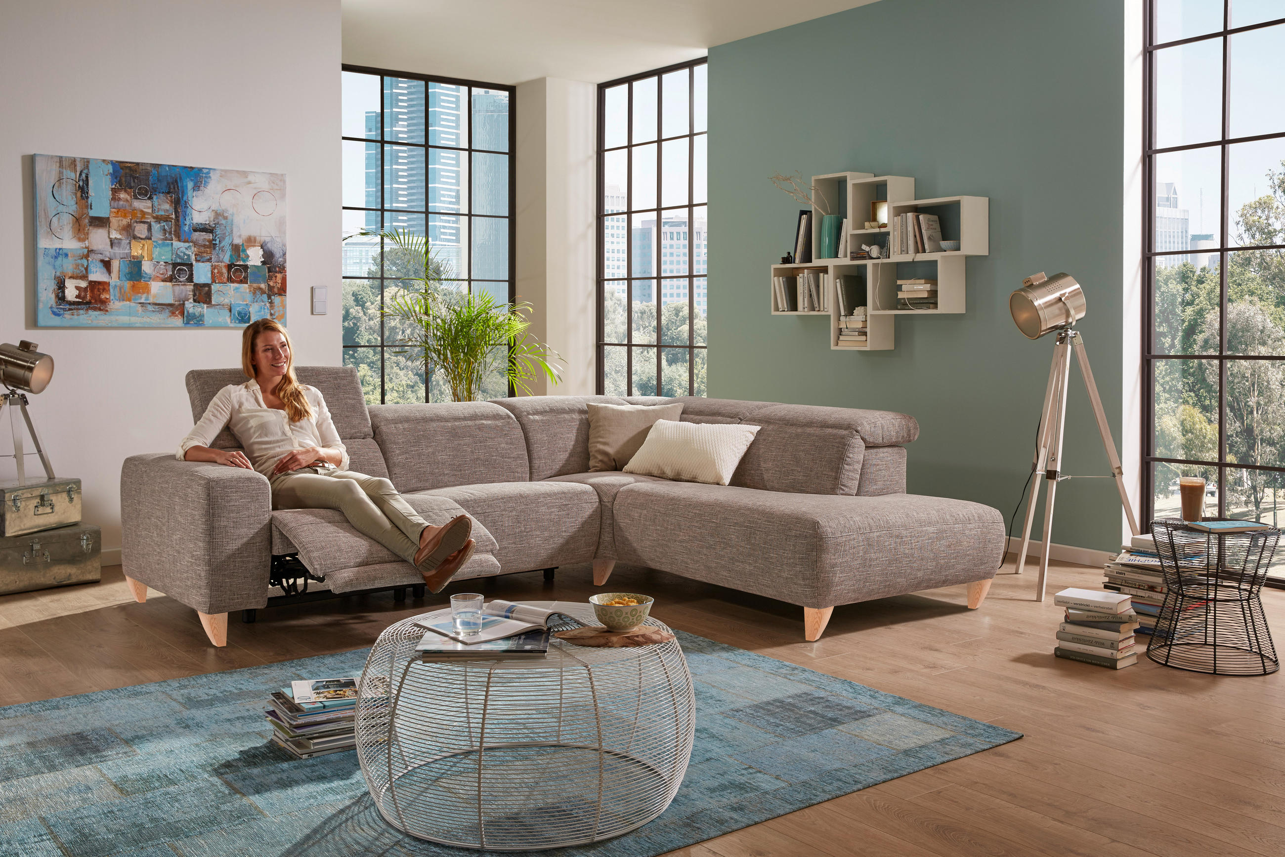 SEDEŽNA GARNITURA, sivorjava  - bukev v kolonialno rjavem odtenku/sivorjava, Design, tekstil/les (290/79-104/238cm) - Pure Home Lifestyle