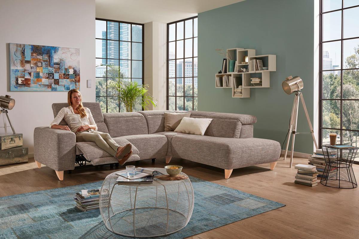 SEDEŽNA GARNITURA, sivorjava  - bukev v kolonialno rjavem odtenku/sivorjava, Design, tekstil/les (290/79-104/238cm) - Pure Home Lifestyle