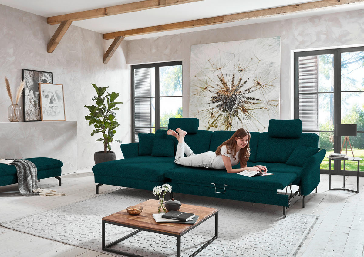 ECKSOFA in Velours Petrol  179/306 cm  - Petrol/Schwarz, Design, Textil/Metall (179/306cm) - Beldomo System