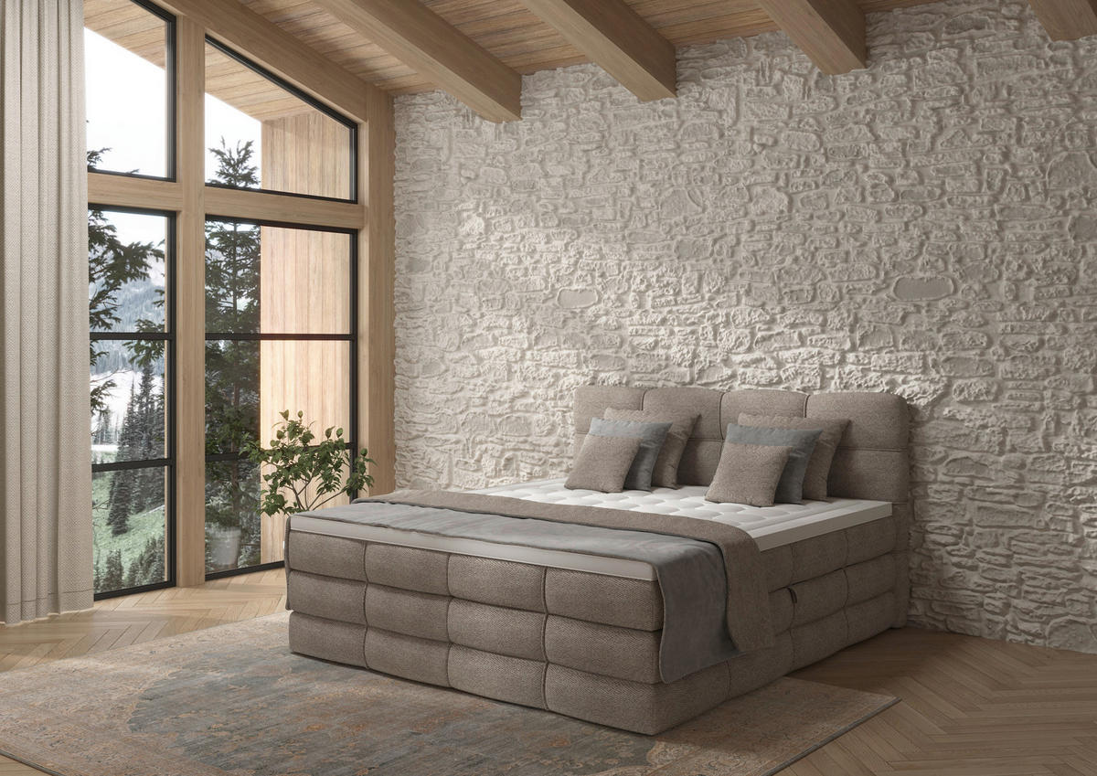 BOXSPRINGBETT 160/200 cm,  in Sandfarben, gepolstertes Kopfteil, Bettkasten, Topper, Matratzen, H3 + H3 = fest  - Sandfarben/Schwarz, Design, Kunststoff/Textil (160/200cm) - Chameo