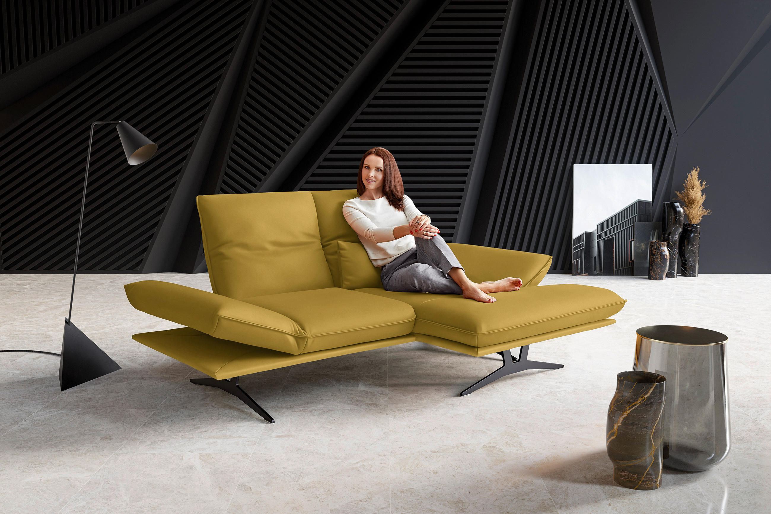 ECKSOFA in Echtleder Gelb  - Gelb/Schwarz, Design, Leder/Metall (210/130cm) - Dieter Knoll