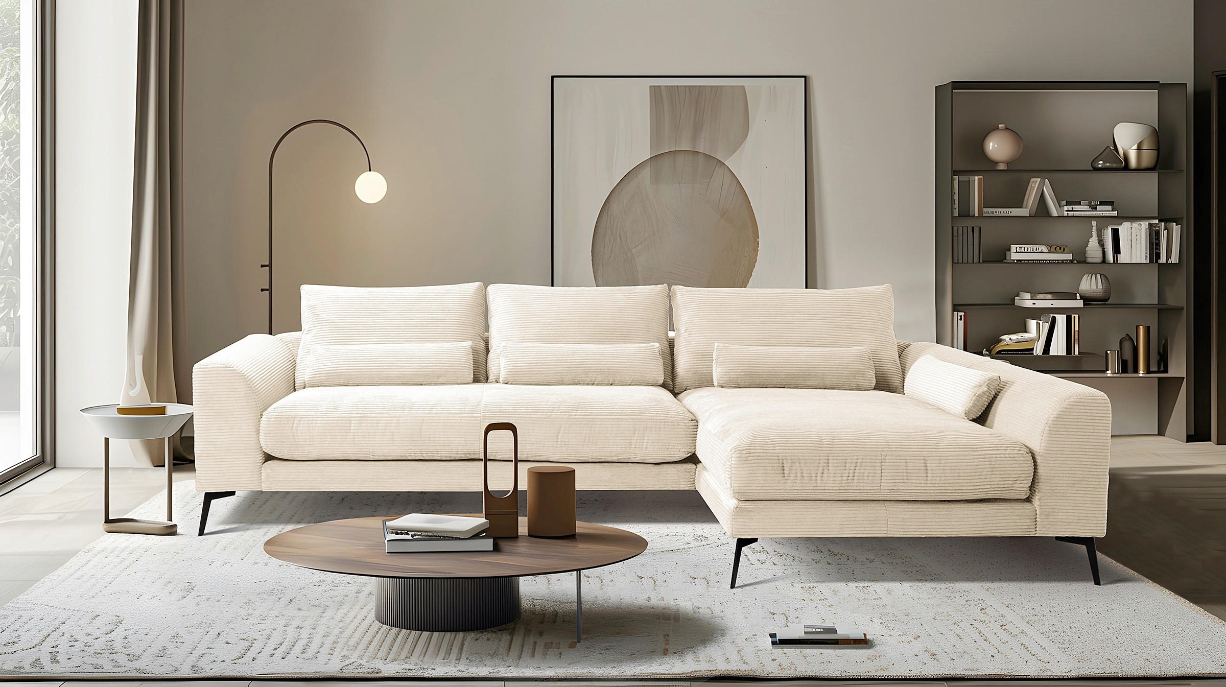 ECKSOFA  in Cord Creme Nierenkissen, Rückenkissen  313/172 cm  - Creme/Schwarz, Design, Textil/Metall (313/172cm) - P & B