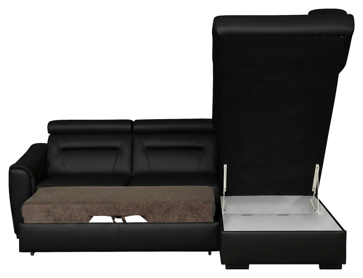 ECKSOFA Schwarz Echtleder Lederlook Bettkasten, Schlaffunktion, Rücken echt, Kopfteilverstellung  - Wengefarben/Schwarz, Design, Leder/Holz (260/212cm) - Celina Home