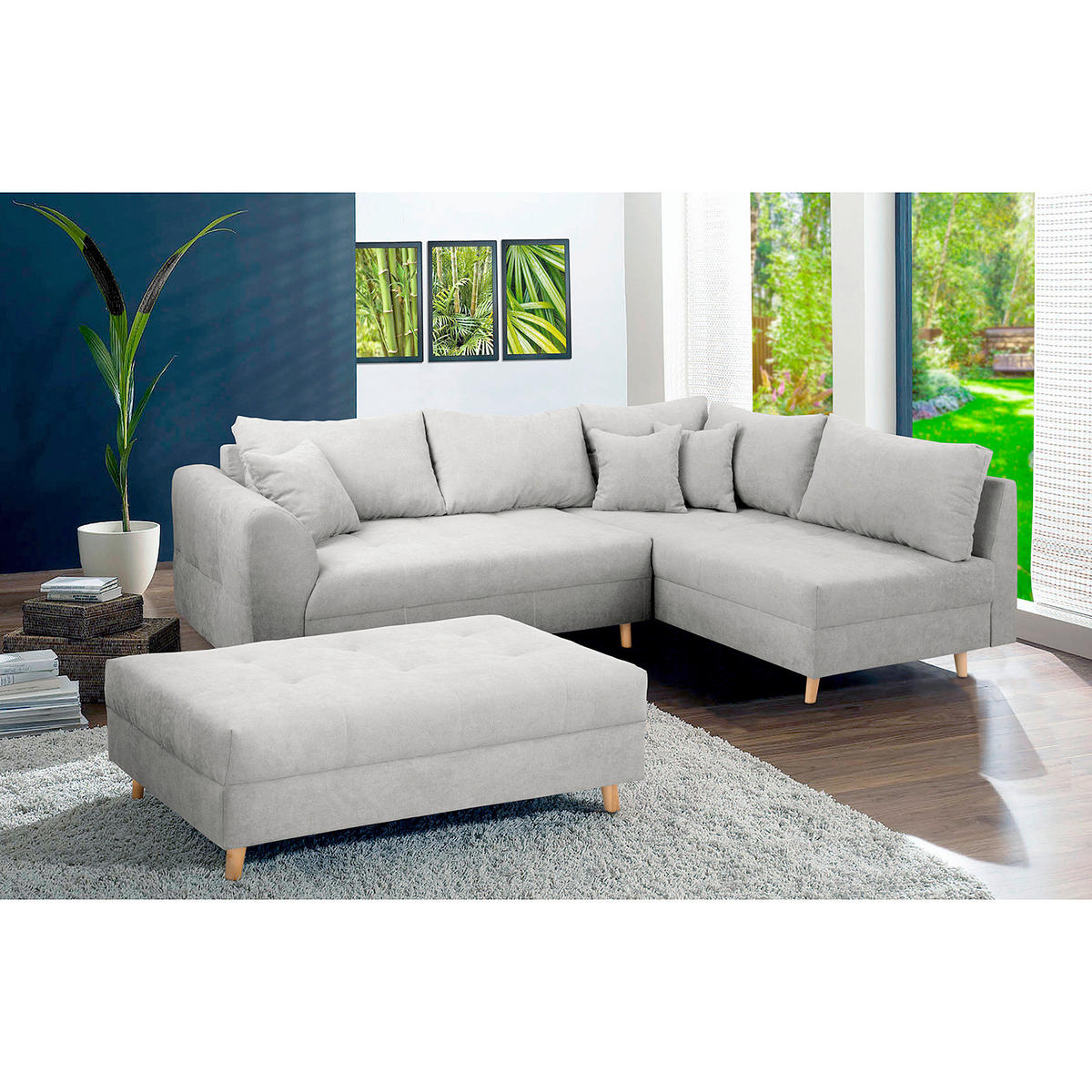 ECKSOFA inkl. Hocker Ariella Hellgrau Mikrofaser  - Hellgrau/Naturfarben, Design, Holz/Textil (161/231cm) - Livetastic