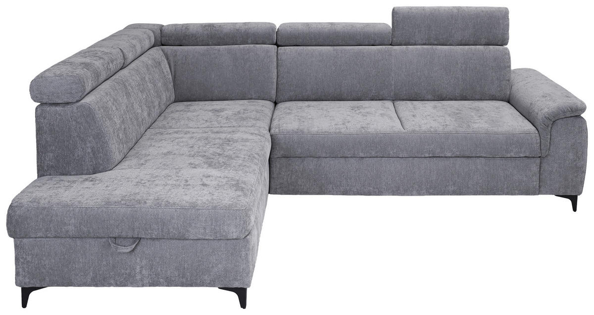 ECKSOFA Hellgrau Chenille Bettkasten, Schlaffunktion, Rücken echt, Kopfteilverstellung, Liegefläche im Originalstoff  - Hellgrau/Schwarz, KONVENTIONELL, Textil/Metall (206/265cm) - Carryhome