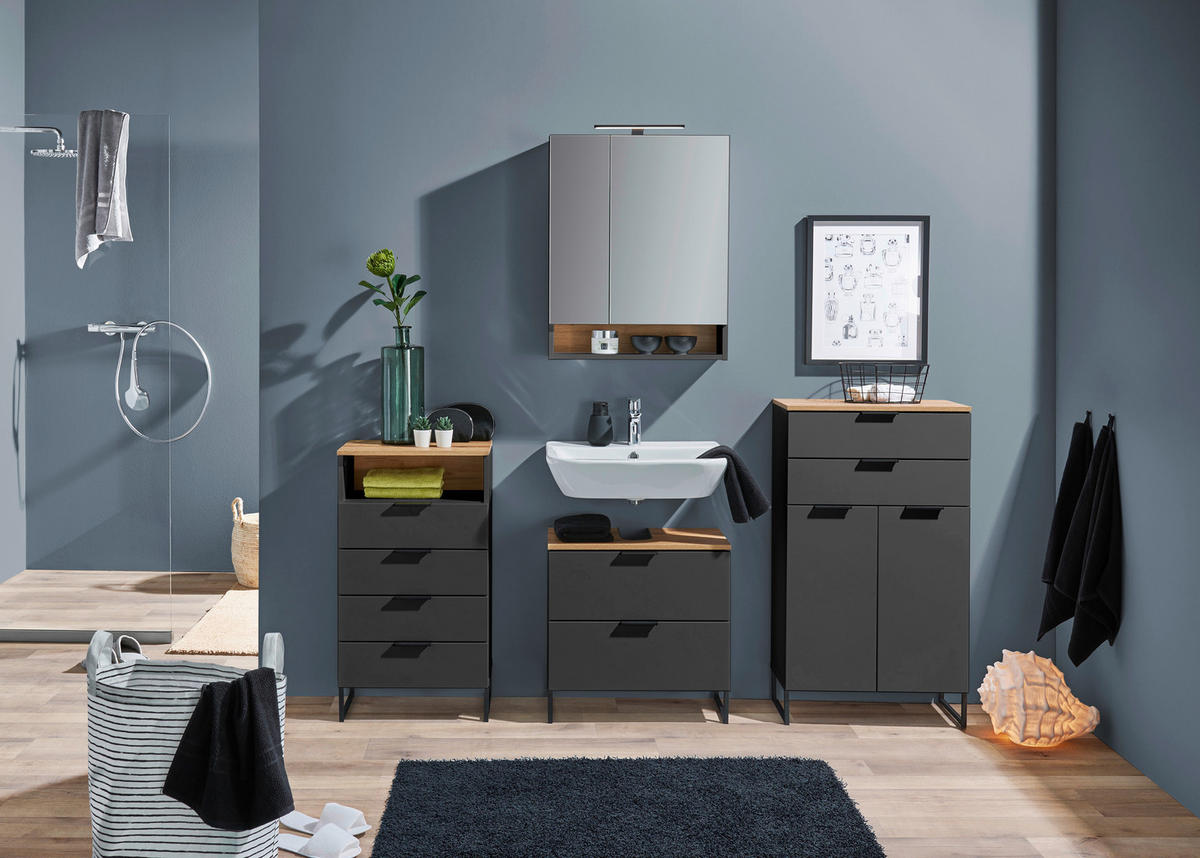 WASCHBECKENUNTERSCHRANK 60/60/35 cm  - Eichefarben/Schwarz, KONVENTIONELL, Holzwerkstoff/Metall (60/60/35cm) - home24