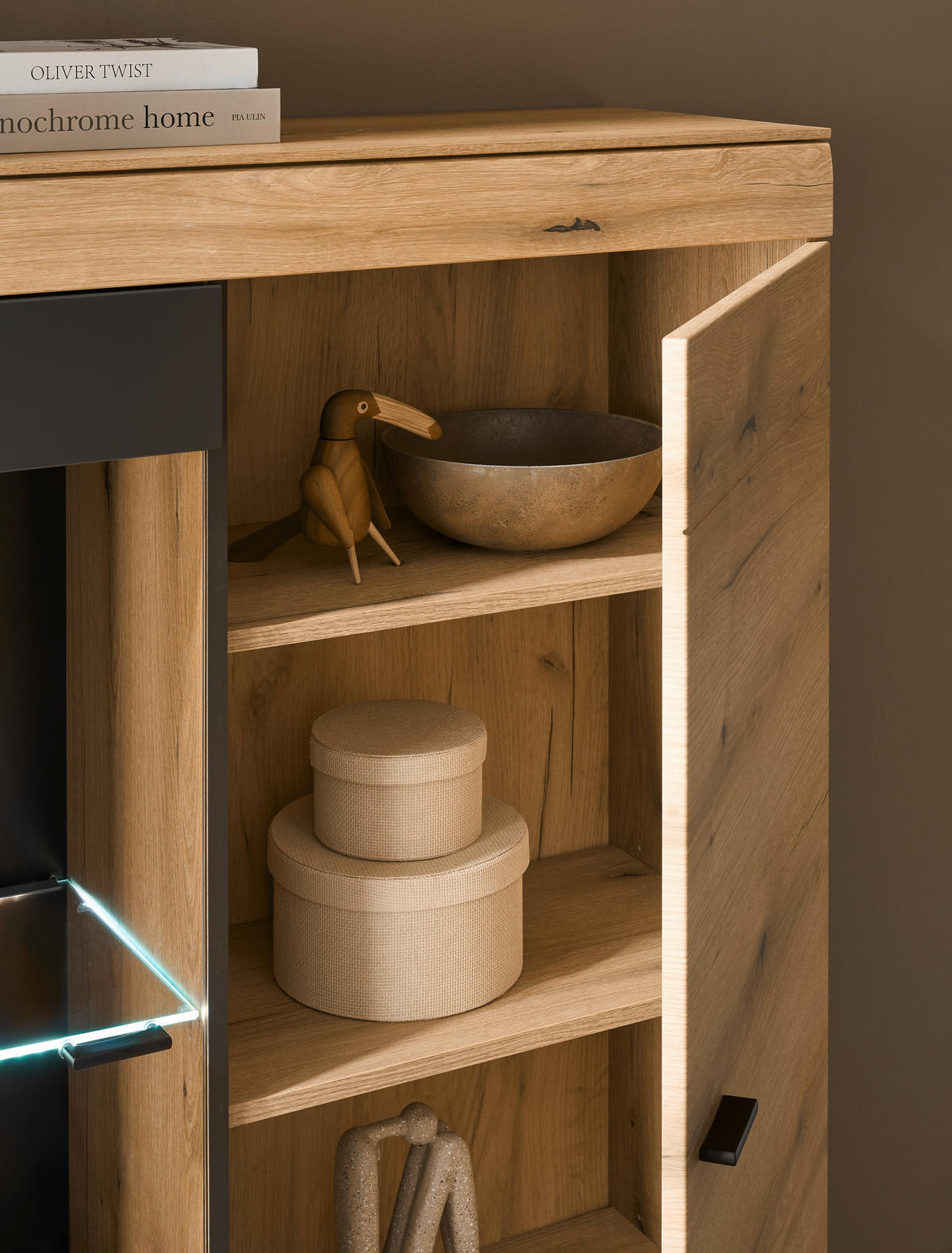 VITRINE  in Graphitfarben, Eichefarben - Eichefarben/Schwarz, Design, Glas/Holzwerkstoff (90/141/35cm) - MID.YOU