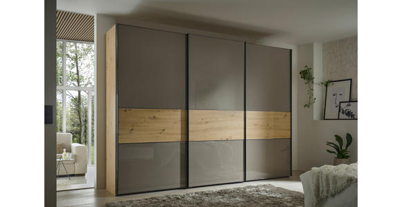 SCHWEBETÜRENSCHRANK 336/240/68 cm 3-türig  - Graphitfarben/Eiche Artisan, Basics, Glas/Holzwerkstoff (336/240/68cm) - Moderano