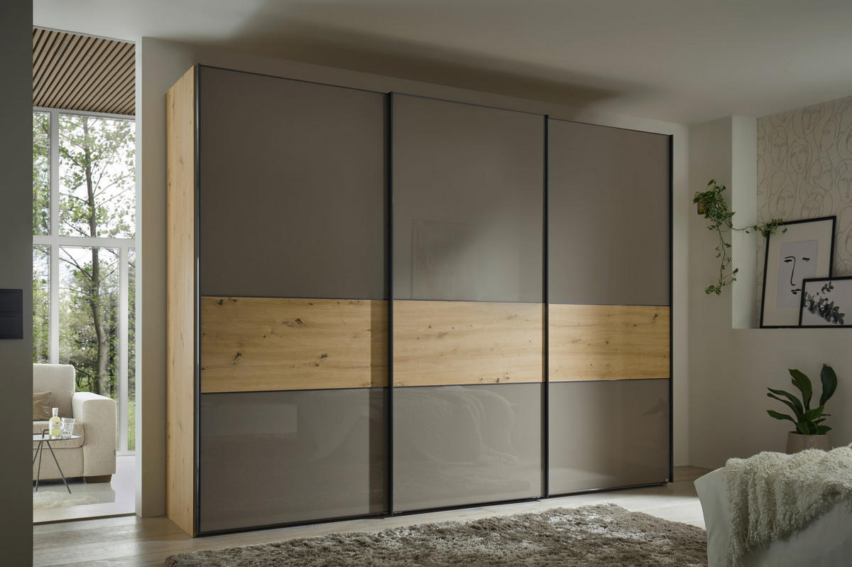 SCHWEBETÜRENSCHRANK in Eiche Artisan, Mokka  - Graphitfarben/Eiche Artisan, Basics, Glas/Holzwerkstoff (336/222/68cm) - Moderano