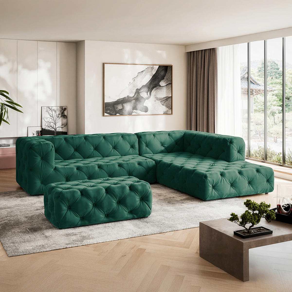 ECKSOFA Fresco in Samt Dunkelgrün  325/228 cm  - Dunkelgrün/Schwarz, Design, Kunststoff/Textil (325/228cm) - P & B
