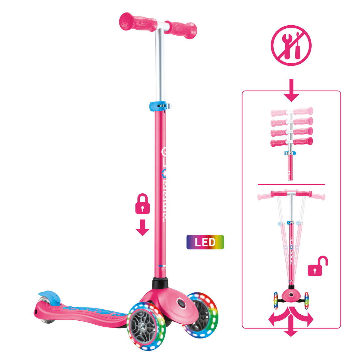 KINDERSCOOTER PRIMO PLUS LIGHTS  - Fuchsia, Basics, Kunststoff (57.5/28/82,5cm) - GLOBBER