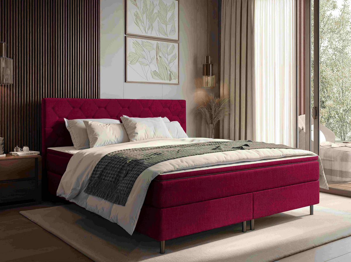 BOXSPRINGBETT 180/200 cm,  in Rot, Matratze, Topper, H2 + H2 = mittel  - Rot/Schwarz, KONVENTIONELL, Textil/Metall (180/200cm) - Chameo