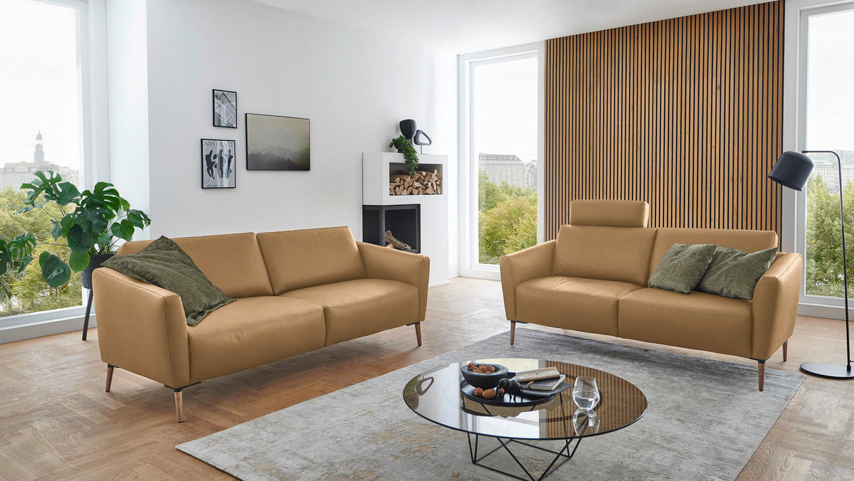 2-SITZER-SOFA Echtleder Honig  - Eichefarben/Beige, Natur, Leder/Holz (207/86/87cm) - Valnatura