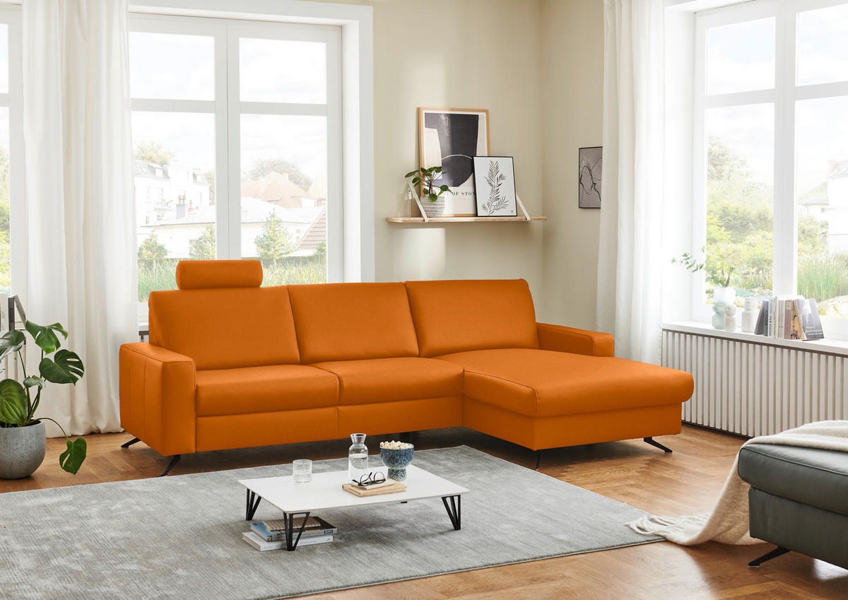ECKSOFA in Echtleder Orange  - Schwarz/Orange, Design, Leder/Metall (267/165cm) - Beldomo Premium