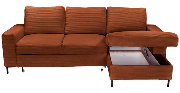 ECKSOFA Rostfarben Cord Rückenkissen, Bettkasten, Schlaffunktion, Rücken echt, Liegefläche im Originalstoff  - Rostfarben/Schwarz, KONVENTIONELL, Textil/Metall (240/150cm) - Carryhome