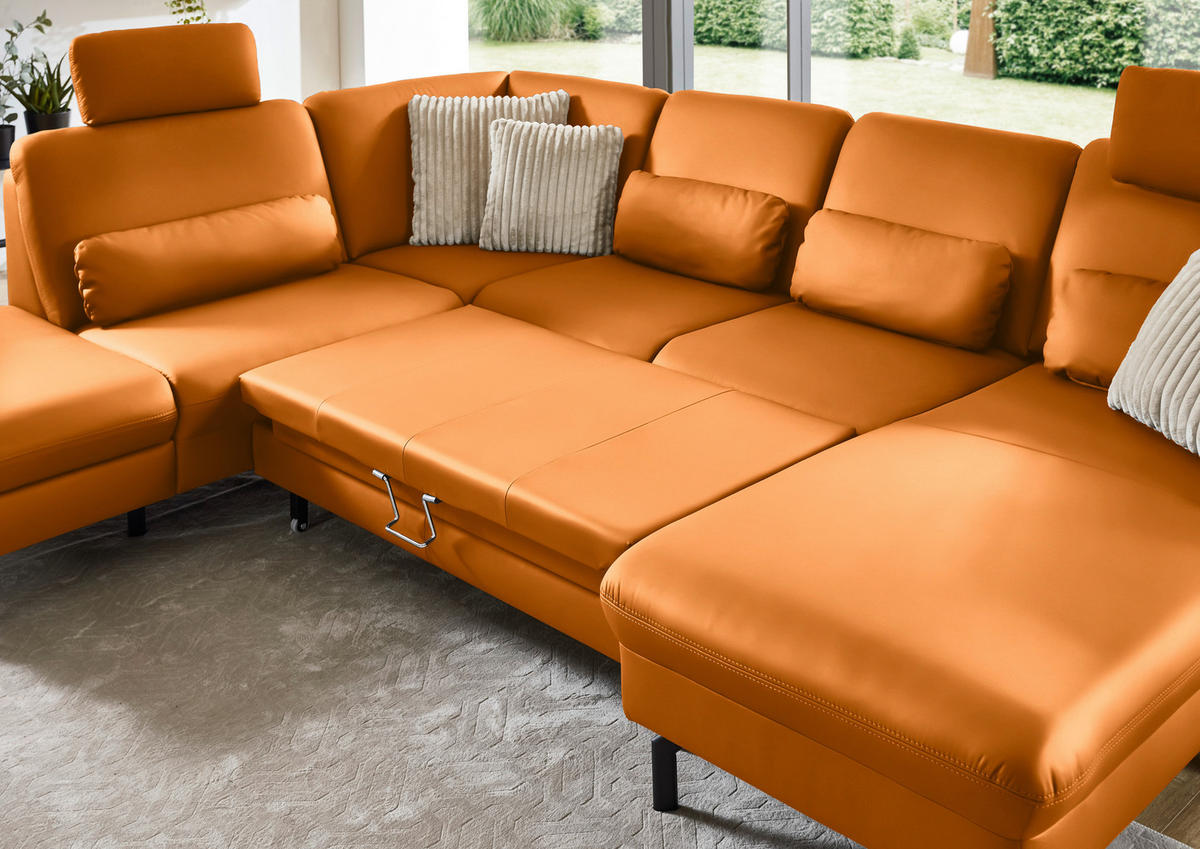 WOHNLANDSCHAFT Echtleder Currygelb  - Currygelb/Schwarz, Konventionell, Leder/Metall (224/306/168cm) - Beldomo Premium