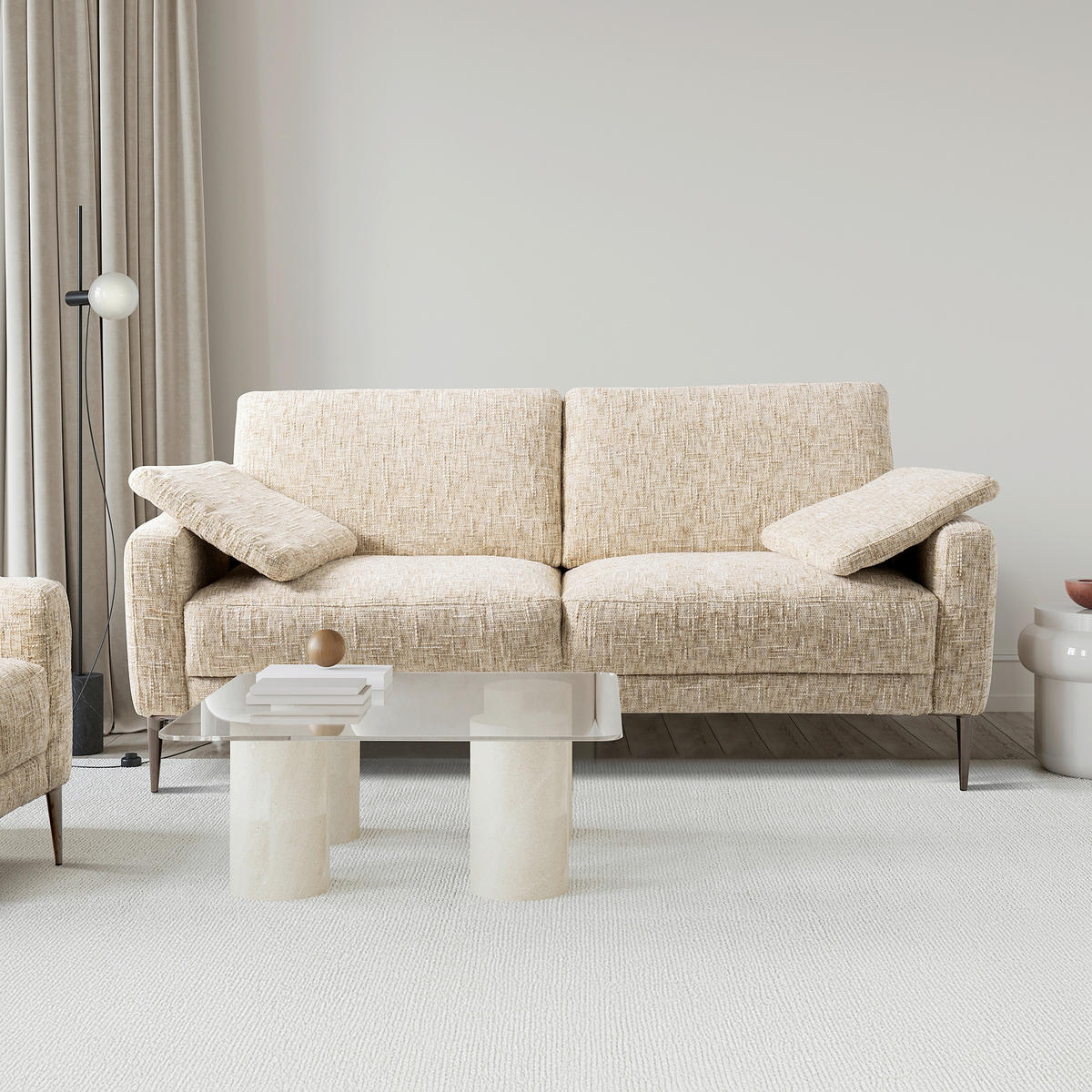 3-SITZER-SOFA Webstoff Beige  - Beige/Schwarzchrom, Design, Textil/Metall (187/85/92cm) - Livetastic