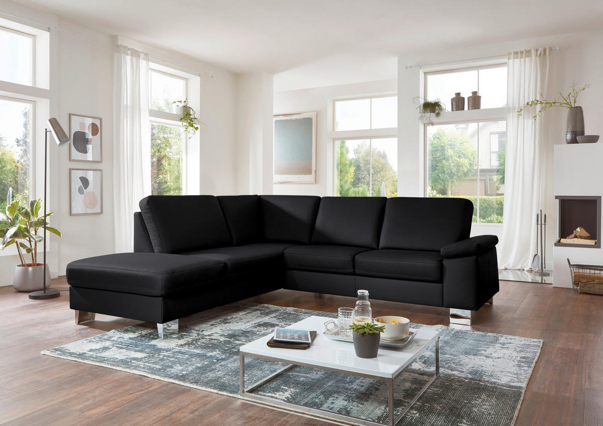 ECKSOFA  in Echtleder Schwarz  235/248 cm  - Alufarben/Schwarz, Design, Leder/Metall (235/248cm) - Beldomo Premium