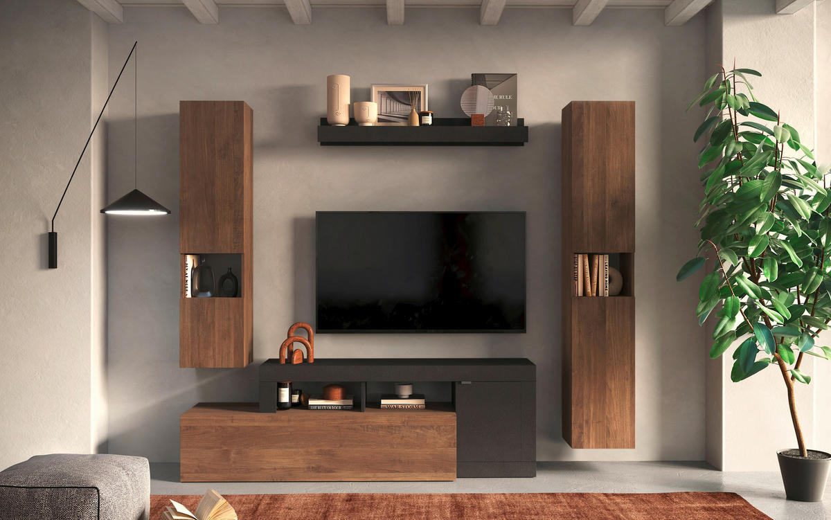 WOHNWAND 4-teilig  in Anthrazit, Dunkelbraun  245/195/35 cm  - Anthrazit/Dunkelbraun, MODERN, Holzwerkstoff/Metall (245/195/35cm) - Carryhome