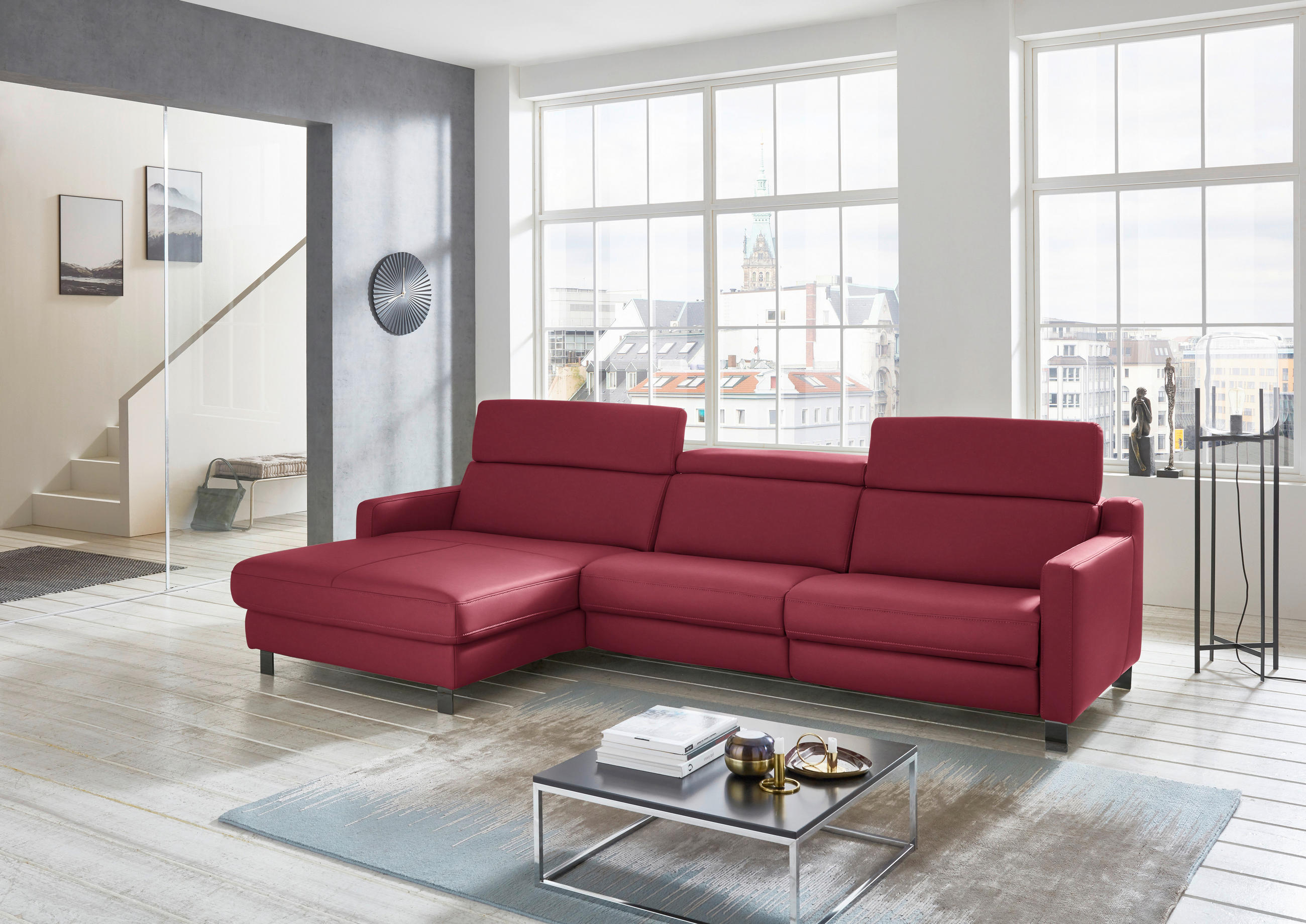 ECKSOFA in Echtleder Bordeaux  - Bordeaux/Schwarz, Design, Leder/Metall (176/291cm) - Valdera