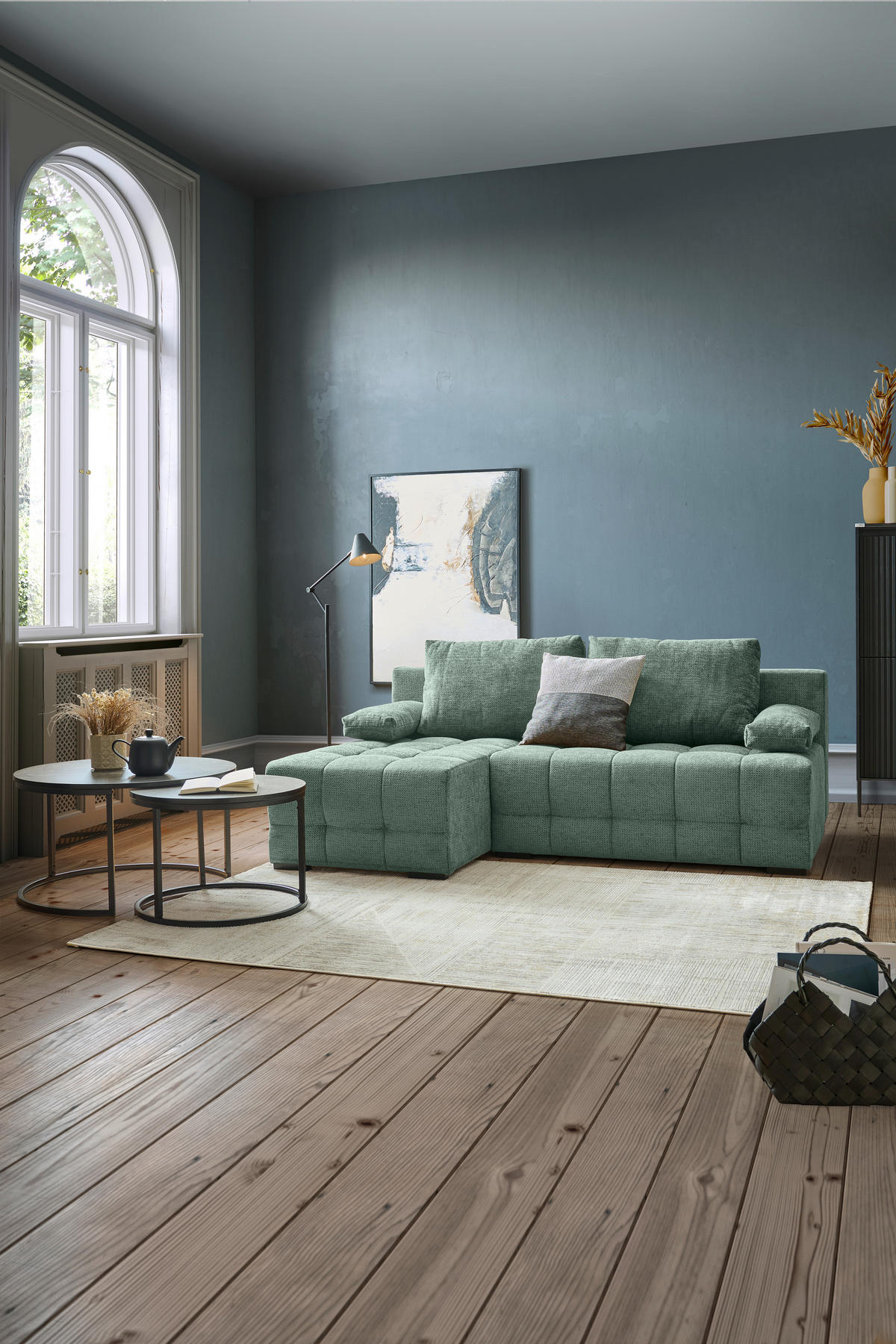 ECKSOFA  in Chenille Dunkelgrün  - Dunkelgrün/Schwarz, MODERN, Kunststoff/Textil (145/204cm) - home24